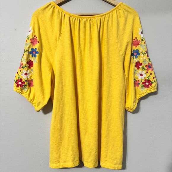 Talbots Top Size XL Yellow Embroidered Floral Off Shoulder Festival Artsy - Picture 3 of 11